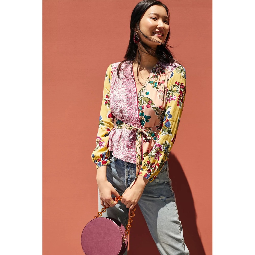 Meadow Rue Anthropologie Floral Patchwork Wrap Blouse Tie Waist Size 6